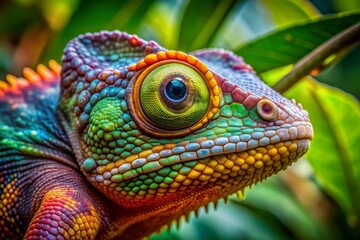 Obraz premium Vibrant close-up of a colorful chameleon's face, showcasing its remarkable ability to change color, set against a lush tropical habitat filled with green leaves.