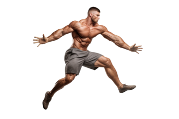 Young male athlete showcasing bodybuilding poses and performing sports exercises in a gym setting on transparent background for fitness and health design projects.