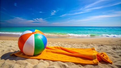 Obraz premium Warm sandy shoreline stretches towards calm turquoise ocean waves under bright blue sky with few seaside objects scattered around.