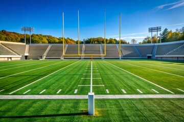 Empty sports field with white markings, goalposts, and stadium seats in the background, awaiting a team huddle to discuss strategy before the big game.