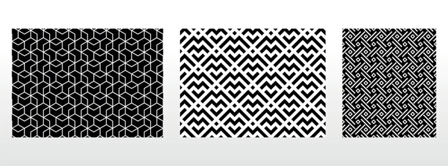 Geometric set of seamless black and white patterns. Simple vector graphics.