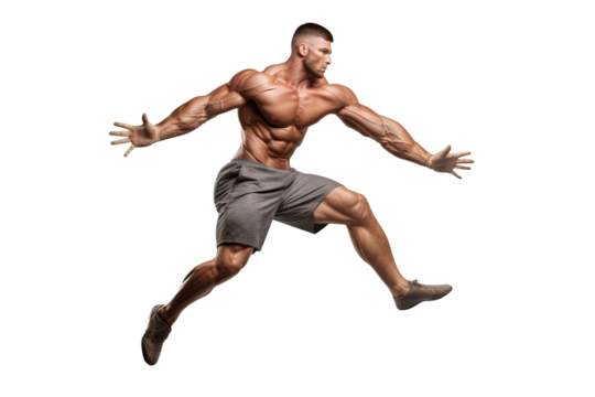 Young male athlete showcasing bodybuilding poses and performing sports exercises in a gym setting on transparent background for fitness and health design projects. - Powered by Adobe
