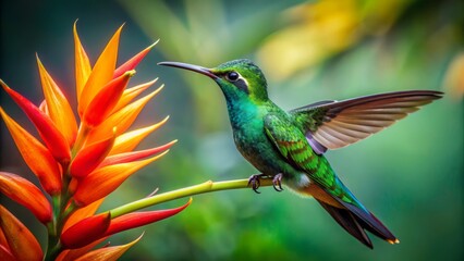 Vibrant emerald hummingbird with iridescent feathers and long extendable tongue sips nectar from bright orange heliconia flower in lush misty rainforest surroundings.