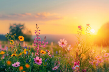 Naklejka premium Beautiful flower meadow with colorful wildflowers at sunset, landscape background with beautiful sky and sun rays, summer nature background with copy space area for text or design.