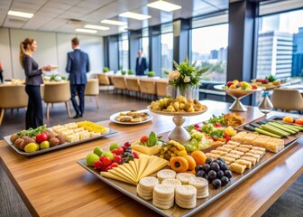 Corporate event refreshments on display, featuring assorted canapés, pasta salad, fruit platter, and cheese board, set against a backdrop of conference room tables and chairs.