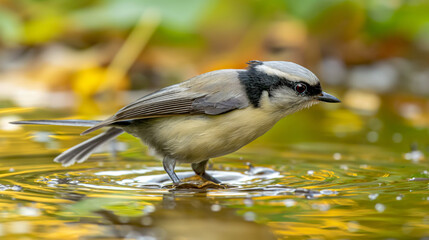 Fototapeta premium Close-up of a small bird standing at the water's edge, surrounded by a vibrant, blurred natural background