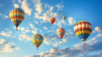 Obraz premium Colorful hot air balloons floating gracefully in a clear blue sky with scattered clouds