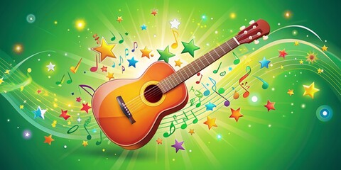 Colorful illustration of a guitar leaning on a bright green background, surrounded by musical notes and stars, conveying joy and creativity, perfect for children's music promotions.