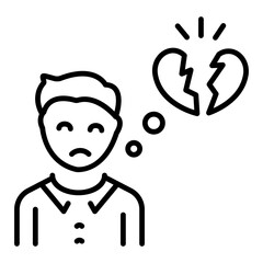 An outline icon showing a sad person with broken heart 