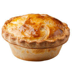 A pie with a golden crust sits on a white background