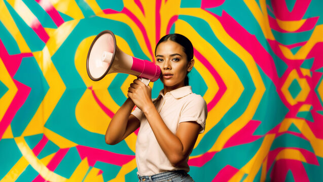 Ragazza con megafono su sfondo colorato multicolore