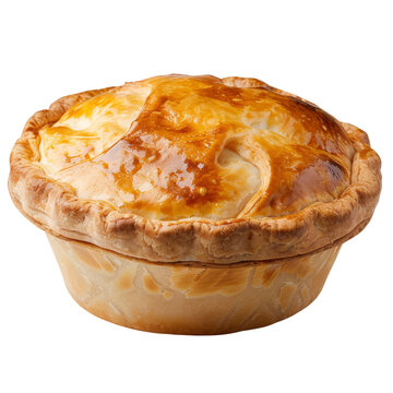 A pie with a golden crust sits on a white background