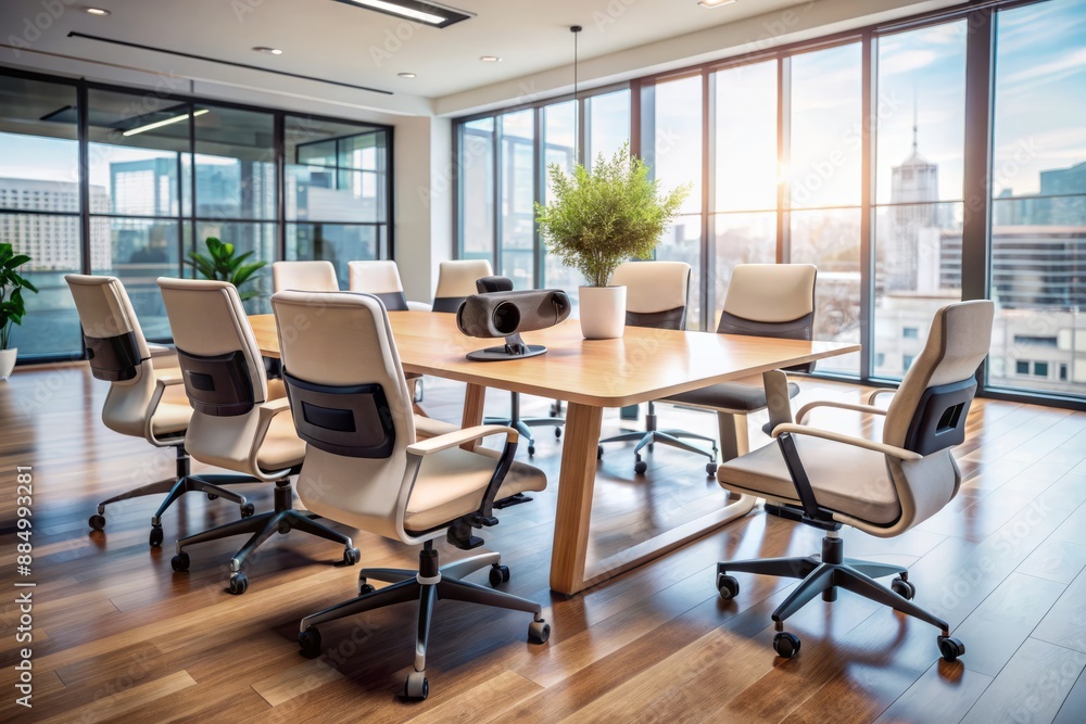 Poster modern business team collaboration concept with empty chairs surrounding a futuristic virtual realit