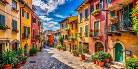 Fototapeta premium Vibrant Italian town scene on a sunny summer day, featuring narrow cobblestone streets, colorful buildings, and charming architecture, perfect for evoking joyful travel memories.