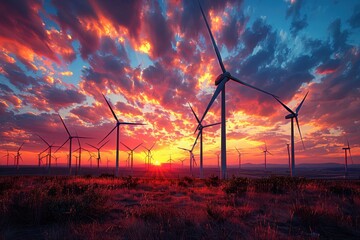 A wind farm with numerous turbines set against a sunset sky, symbolizing renewable energy.