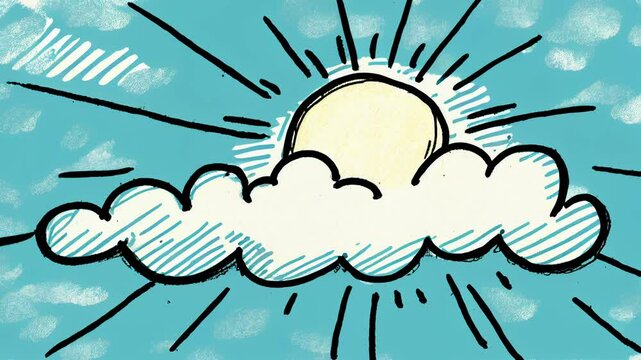 animation of hand drawn sun and cloud at a blue sky. endless loop animation.