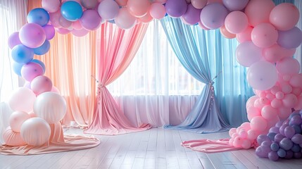 A pastel-colored birthday party setup with flowing drapes in pink, blue, and purple, adorned with an arch of pastel balloons, creating a festive backdrop
