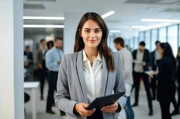 Obraz premium Businesswoman Holding Tablet Smiling in Busy Office Environment with Colleagues in Background