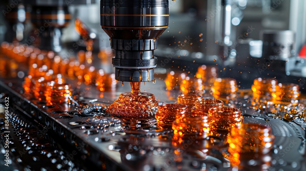 Poster this image features an automated cnc machine in action, with coolant spraying and components moving 