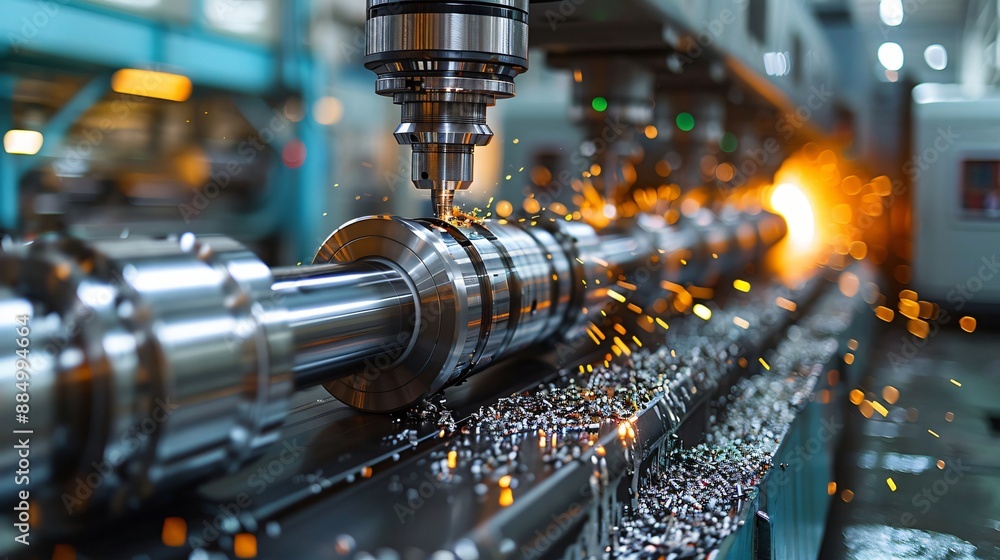 Poster the image captures high-precision machining with sparks flying during a metalwork process, set in a 