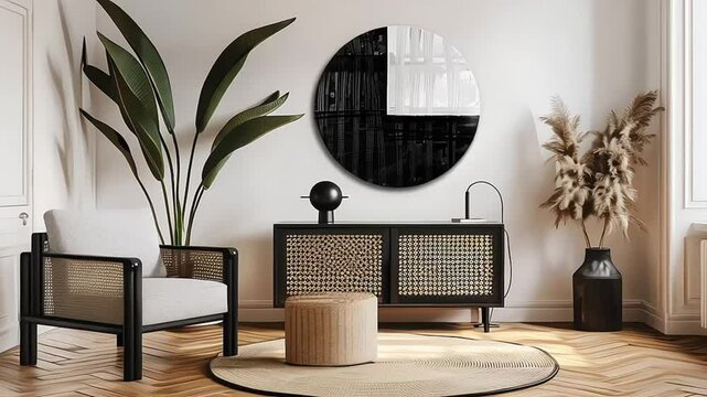 Scandinavian and design home interior of living room with wooden commode, design black lamp, rattan basket, plants and elegant accessories. Stylish home decor. Template