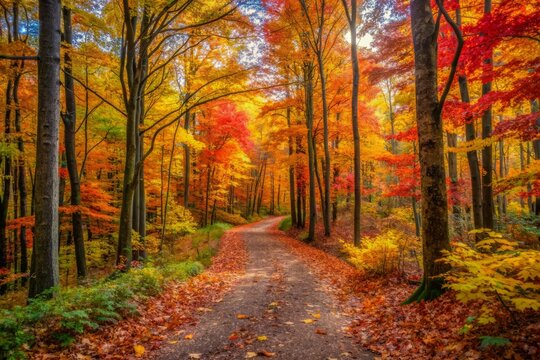 A winding forest trail lined with vibrant autumn foliage stretches into the distance, awaiting the arrival of an adventurous hiker on a crisp fall day.