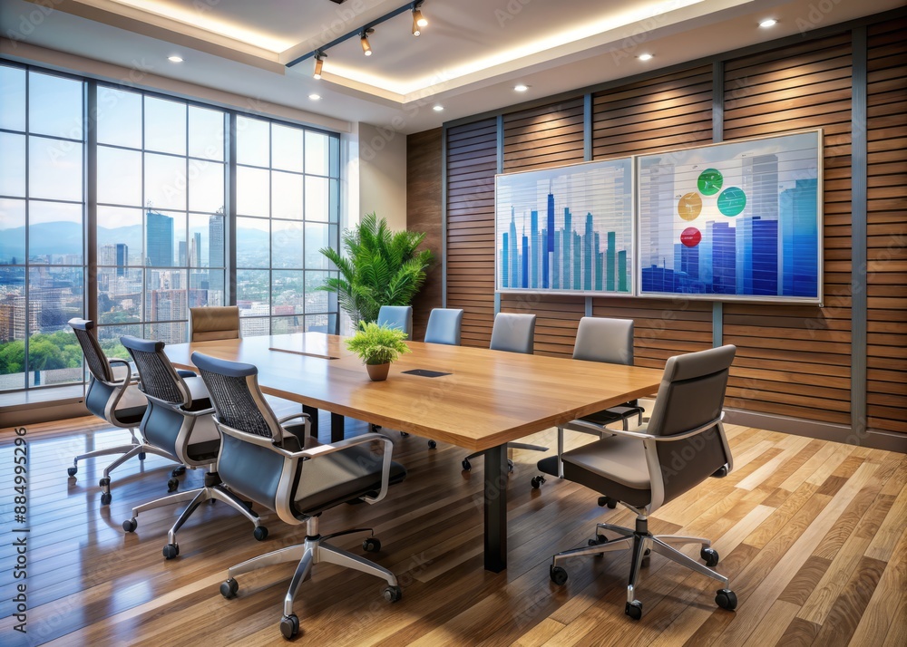 Poster modern conference room setup with a large tv screen displaying a data analysis dashboard, surrounded