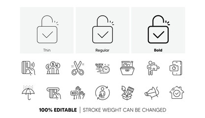 Credit card, Phone photo and Contactless payment line icons. Pack of House security, Dog leash, Cut icon. Brush, Lock, Dishwasher pictogram. Replacement, Waterproof umbrella, Currency rate. Vector