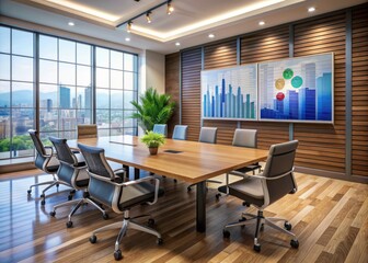 Modern conference room setup with a large TV screen displaying a data analysis dashboard, surrounded by empty chairs and a sleek wooden table.