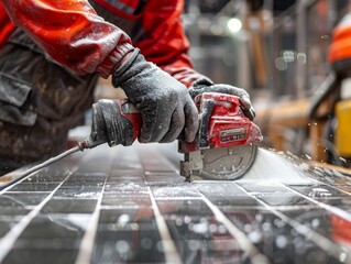 A worker using a wet saw to precisely cut a custom-sized piece of tile for a perfect fit around a unique bathroom fixture,