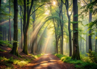 Naklejka premium Serene forest path winding through misty veil surrounded by towering trees, dappled sunlight filtering through canopy, creating an ethereal and peaceful atmosphere.