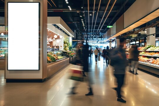 Billboard mockup supermarket walking people.
