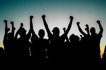 An isolated black silhouette of cheering people.