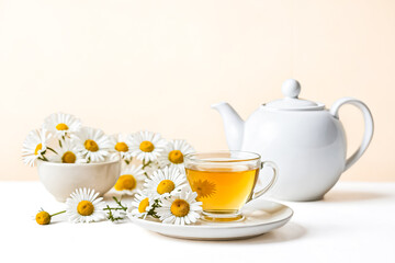 Cup of chamomile tea with teapot and chamomile flowers