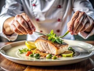 Closeup of a perfectly seared fillet of fish being plated by a celebrity chef during an interactive online cooking demonstration.
