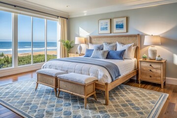 Serenely styled modern coastal bedroom features a natural color palette, cane bed, blue and white patterned rug, and white nightstands amidst a tranquil ocean-inspired ambiance.