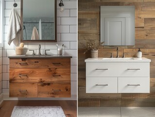 Split-screen comparing an outdated vanity with a modern floating vanity replacement