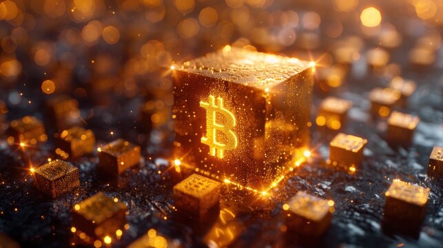 Bitcoin Symbol on Golden Cube with Sparkling Bokeh