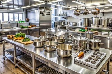A stainless steel commercial kitchen setup with utensils, pots, and ingredients as a culinary workshop awaits, ready for chefs and instructors to lead students.
