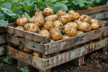 A wooden crate filled with freshly harvested potatoes, with soil still clinging to their skins. 