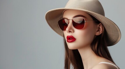 Fototapeta premium Portrait of a beautiful woman wearing stylish sunglasses and an elegant hat