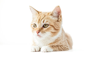 Fototapeta premium Cute ginger cat lying on a white background