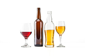 Red wine, beer and a bottle of brown beer on white background