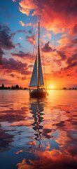 A stunning sunset with shades of orange, pink, and purple, and a silhouette of a sailboat
