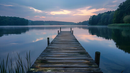 A wooden pier extends over a serene lake, creating an idyllic setting for leisure and relaxation. It is a perfect vacation destination for nature lovers and tourists.