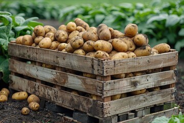 A wooden crate filled with freshly harvested potatoes, with soil still clinging to their skins. 