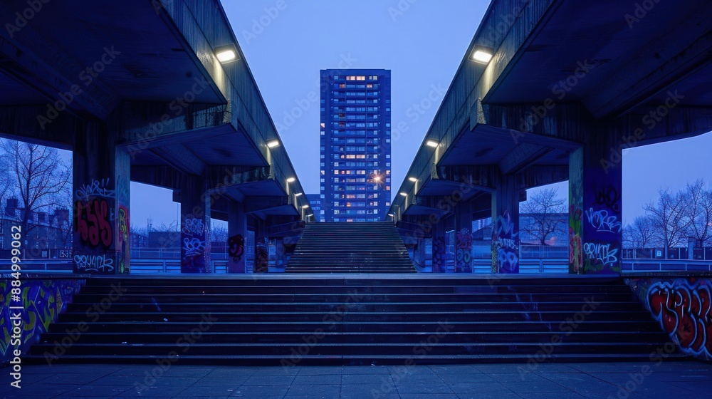 Poster a bridge with graffiti on it and a tall building in the background