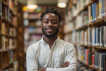 Fototapeta premium Hardworking African American student studying in college library, immersed in educational pursuits and smiling for photo.
