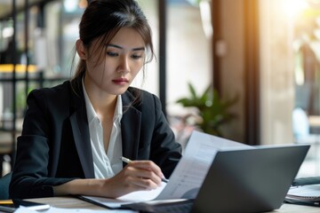 Fototapeta premium Happy young woman using laptop sitting at desk writing notes while watching webinar, studying online, having virtual call meeting remote working from home - generative ai