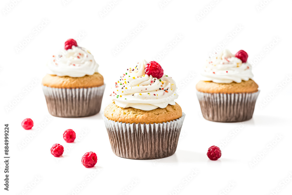 Poster Delicious cupcakes with white frosting and raspberry topping